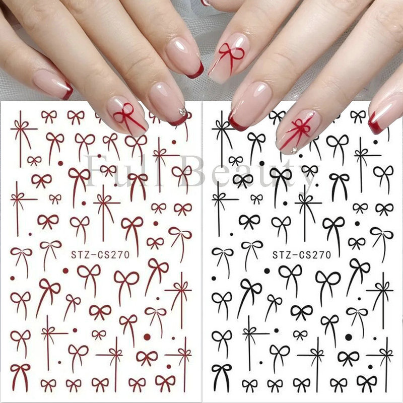 新しいフランスの3dネイルシールの赤い黒いリボンの蝶結びのバックゴムの爪は卸売りのnailを貼ります。|undefined