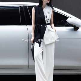 年夏季时尚黑白拼色钉珠无袖马甲套装阔腿裤正装两件套