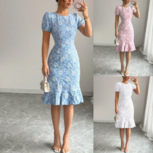 现货欧美跨境夏季新款女士泡泡袖纹理提花圆领复古风格连衣裙