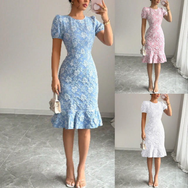 In-Stock European and American Cross-Border Summer New Women's Puff Sleeve Textured Jacquard Round Neck Vintage Style Dress