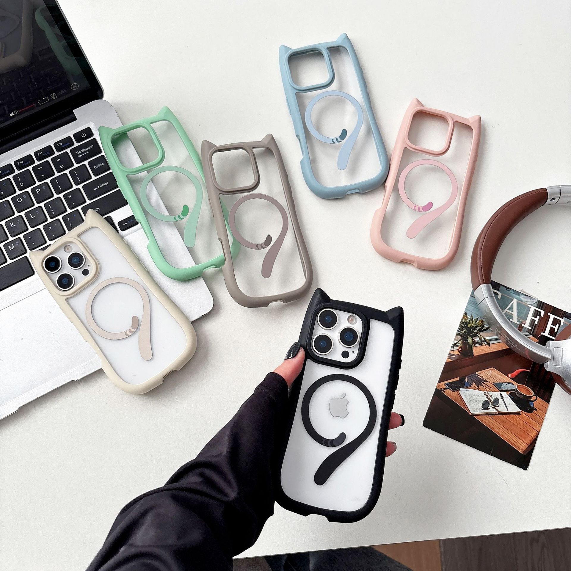 Cat Ear And Tail Magnetic Phone Case For Fruit 17PROMAX Transparent Acrylic 16E Trendy 12/11_voghion.com