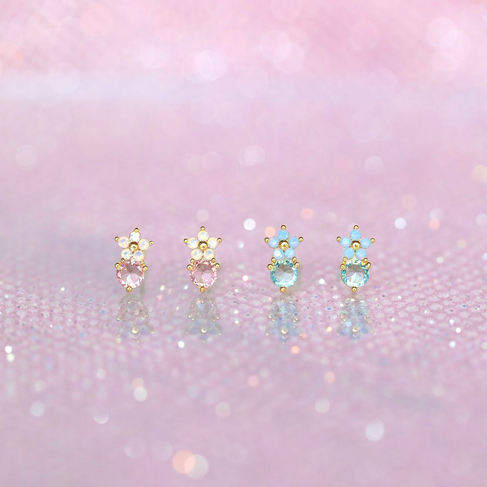 Simple Style Flower Brass Ear Studs Inlay Artificial Gemstones Copper Earrings