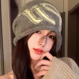 大头围美式字母包头帽子女冷帽秋冬新款百搭字母显脸小毛线堆堆帽