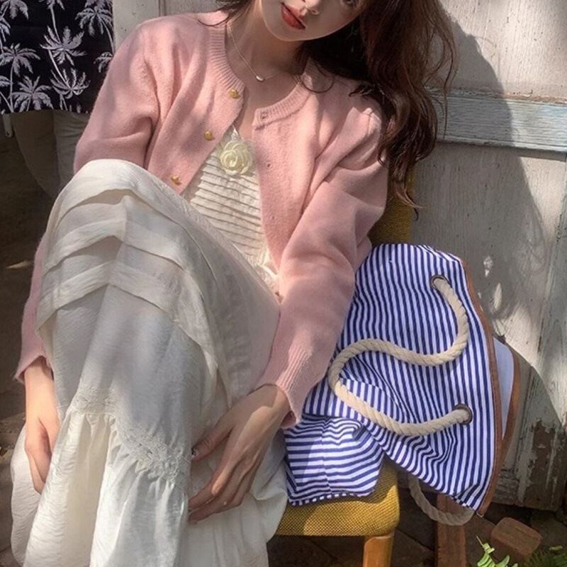 复古金扣开衫女秋冬针织衫纯色圆领长袖毛衣女装针织外套现货批发|undefined