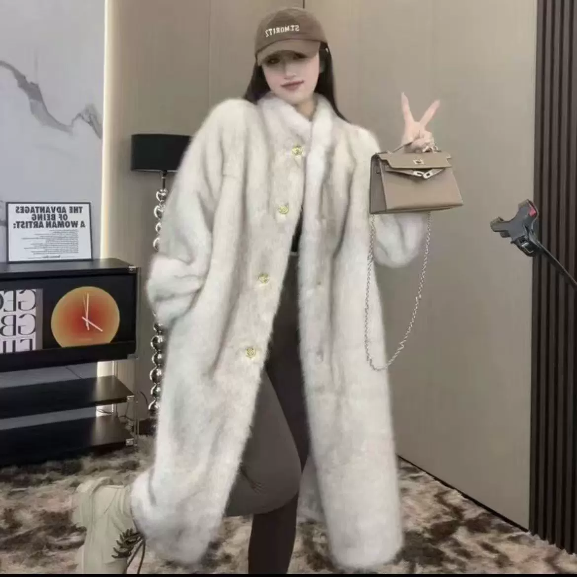 2024新款仿狐狸毛时尚环保皮草外套女 韩版宽松立领中长款大衣