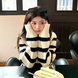 温柔风条纹毛衣开衫女秋冬2025新款松弛感慵懒软糯针织衫短款外套