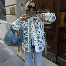 欧美风女装外贸跨境爆款秋冬时尚定位印花系带收腰保暖棉服外套