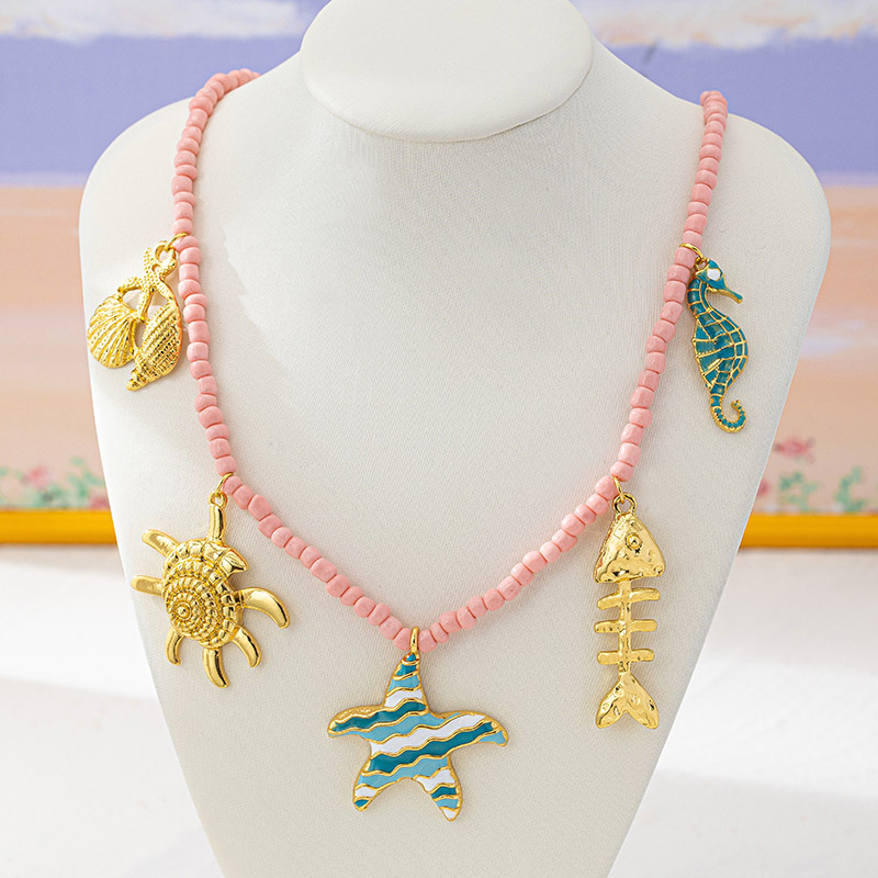 Scallop Starfish Conch Marine Style 18K Gold Plated Alloy Seed Bead Multi Charms Necklace Wholesale display picture 2