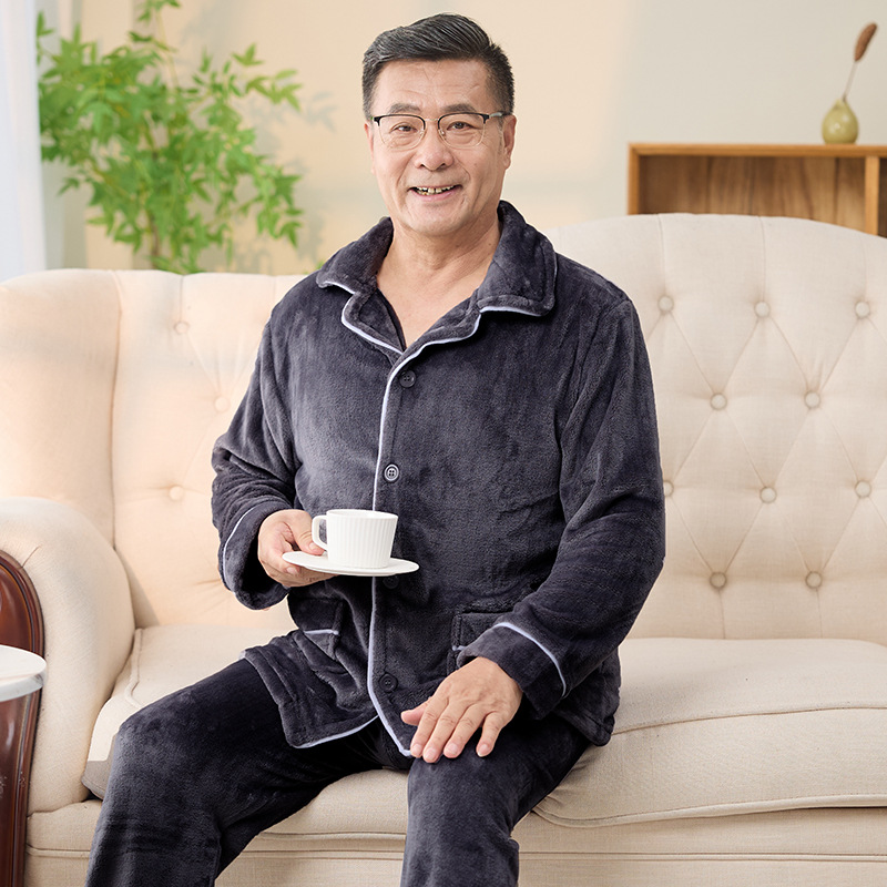 Papá pijama de coral para hombres otoño y invierno más veludo engrosado de mediana edad hombre franela conjunto de ropa de casa