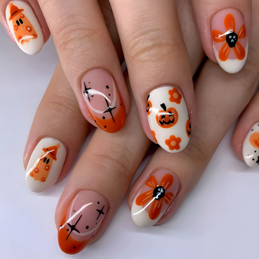 Europa y América venta caliente naranja borde de moda manicuras falsas flores de la noche estrellada manicuría manicuras calabazas Halloween usar uñas image 1