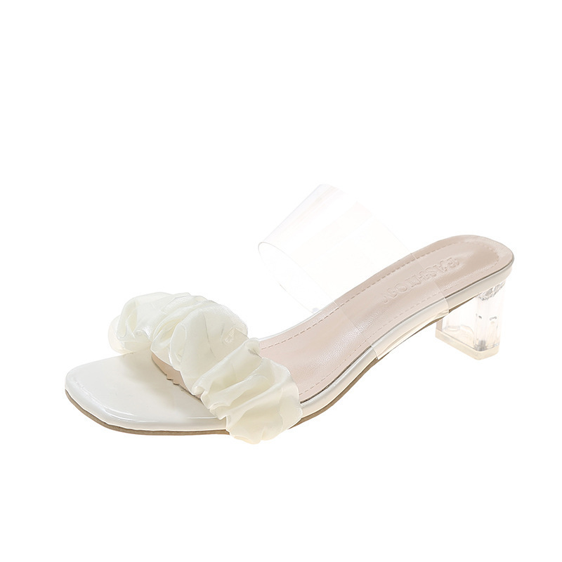 2024 New Korean Style Fairy Wind Transparent Chunky Square Toe Pleated Sandals Summer High Heel Slippers For Women_vogvips.com