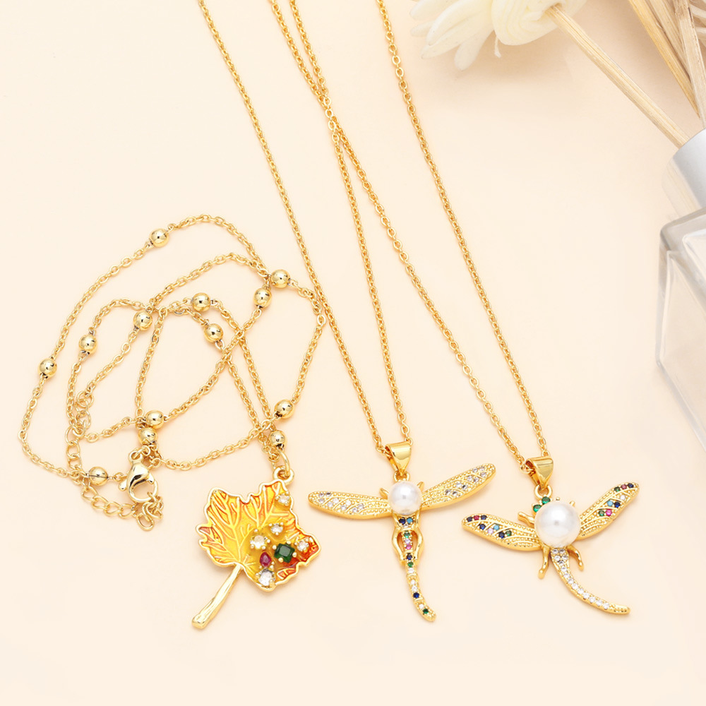 Fashion Dragonfly Copper Plating Artificial Pearls Zircon Pendant Necklace 1 Piece