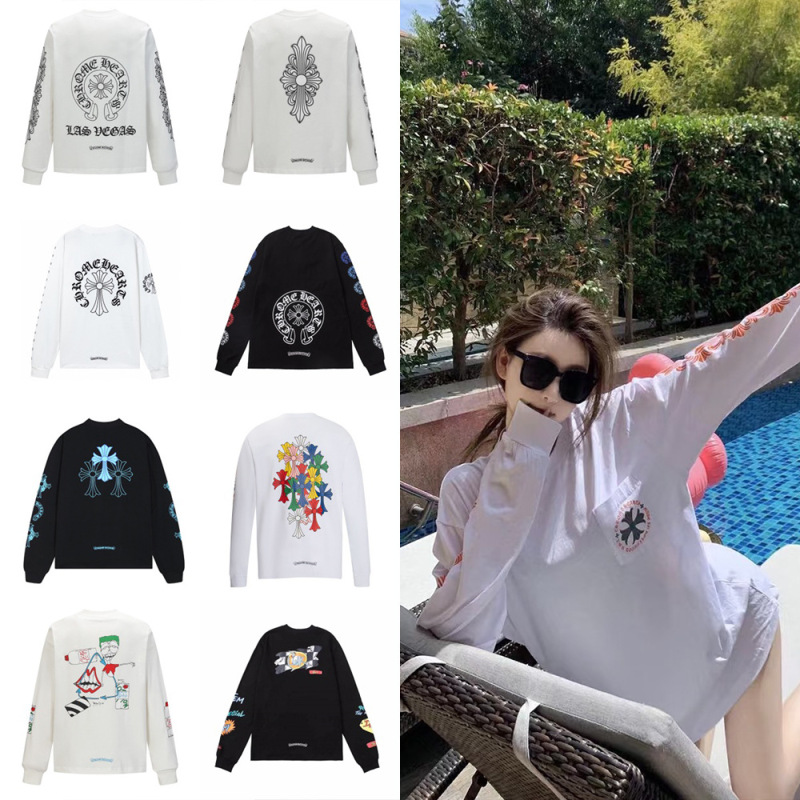 American-style trendy brand Chrome Hearts cross-print long-sleeve T-shirt, unisex, loose-fitting, casual, versatile, round-neck top American-style trendy brand Chrome Hearts cross-print long-sleeve T-shirt, unisex, loose-fitting, casual, versatile, round-neck top