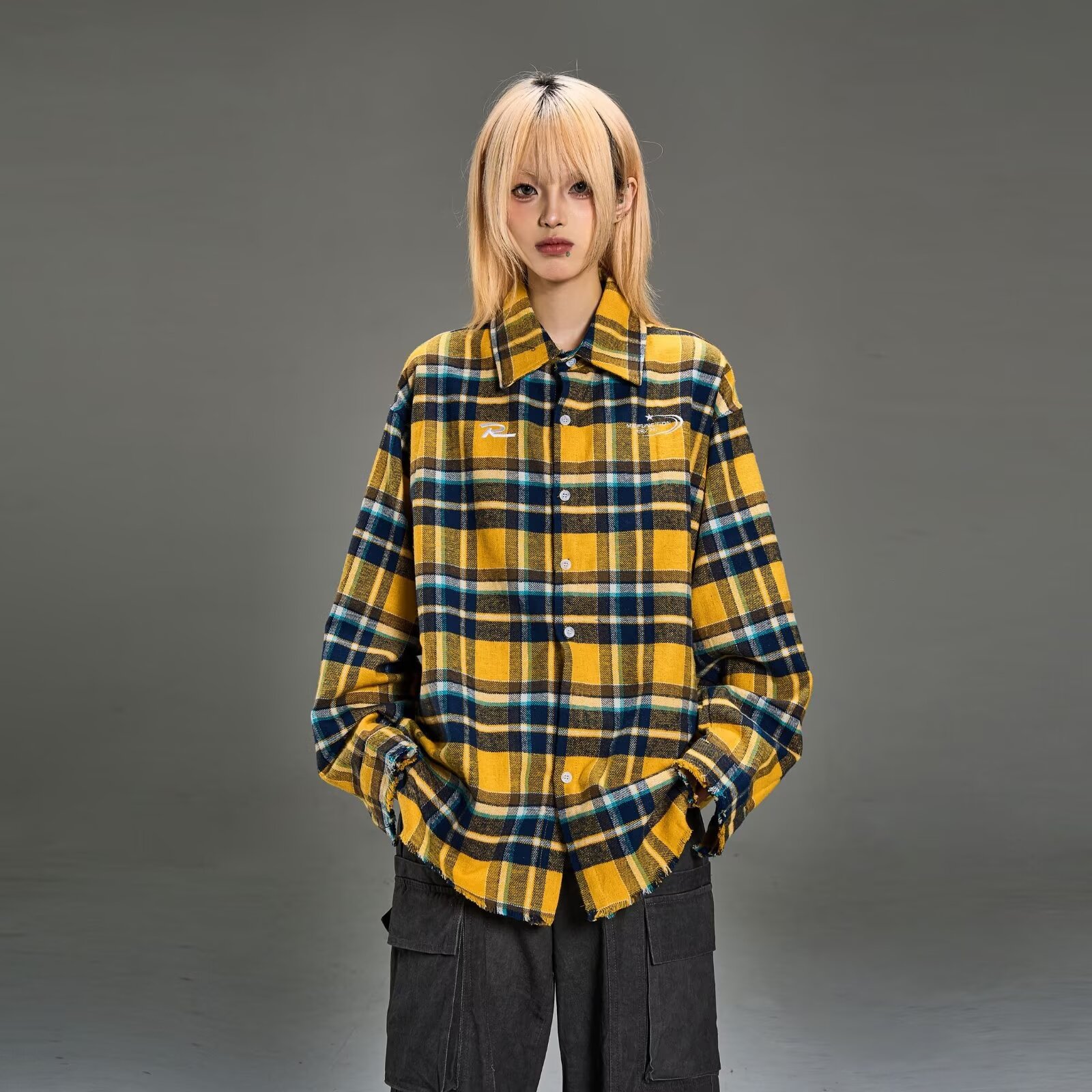 노란색 격자 무늬 셔츠 소녀 유행 하라주쿠 일본식 작은 신선한 느슨한 복고풍 캐주얼 긴팔 셔츠 자켓