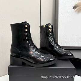 2025秋冬新款小香风马丁靴女系带短靴系带粗跟中跟真皮厚底骑士靴