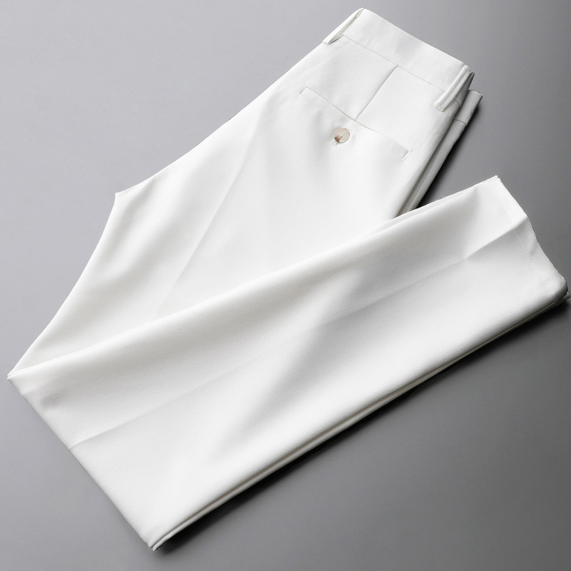 Summer Suit Pants Men's Straight Ice Silk Casual Pants White Suit Anti-Wrinkle Lightweight Cropped Pants