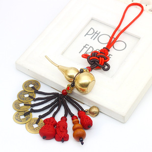 Chinese knot perfect copper gourd five Emperor money Car pendant Fulu peach wood car interior car pendant