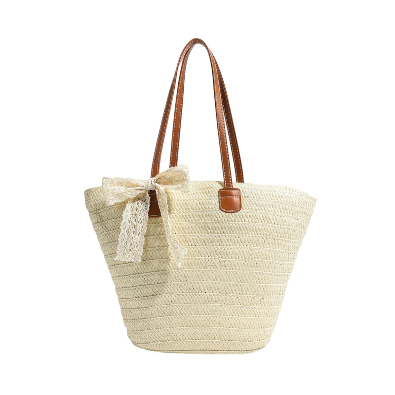 Storage Basket Bag, Rattan Handbag, Woven Shoulder Bag, Handmade Natural Rattan & Seagrass, Leather Trim, Eco-Friendly, Lightweight, Durable For Daily_voghion.com