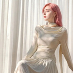 跨境2025新款纯欲风荡领长袖飘带设计感连衣裙秋冬季收腰A字裙潮