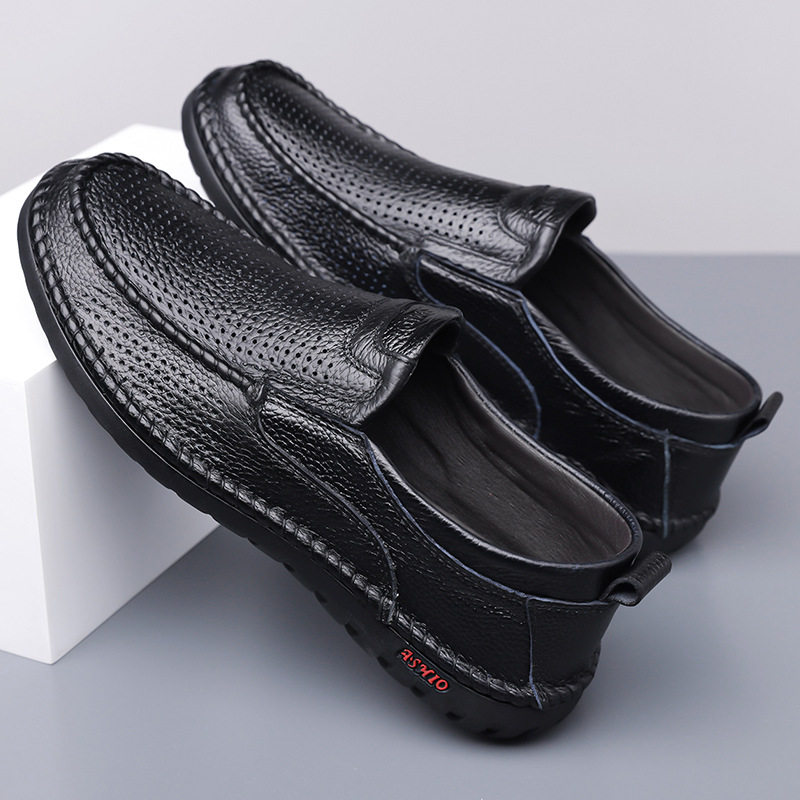 Dép sandal nam da bò thật thoáng khí lỗ rỗng, dép lê mùa hè gót thấp 1-3 cm — nâu, đen