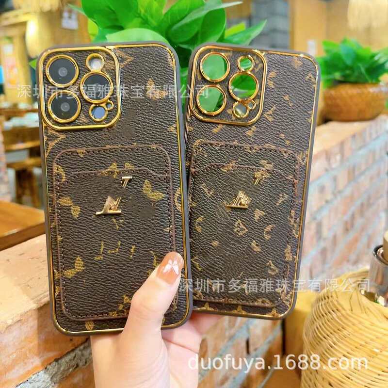 New electroplated trendy brand phone case suitable for Apple 15, iPhone 16 Pro Max, high-end feel, 14 leather card slot, 13