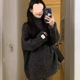 韩系慵懒风软糯高领中长款毛衣女秋冬季小个子感百搭宽松上衣