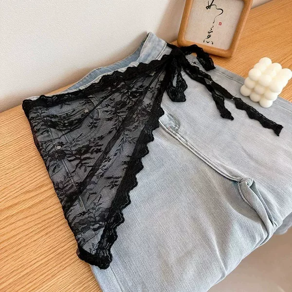 New Stylish Lace Patchwork Tie-Decorated Trendy Triangle Scarf Waist Apron Korean Chic Pure Desire Style Short Skirt