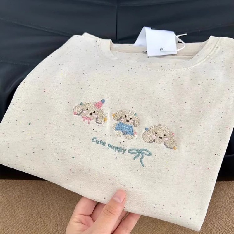 重工刺绣小狗短袖T恤女夏撒金彩点纯棉面料正肩显瘦彩边袖口设计