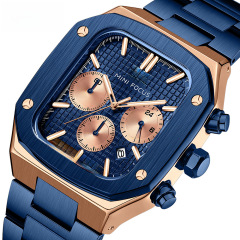 MINI FOCUS手錶 酷潮菱格方殼男表防水石英表多功能鋼帶男表0414G