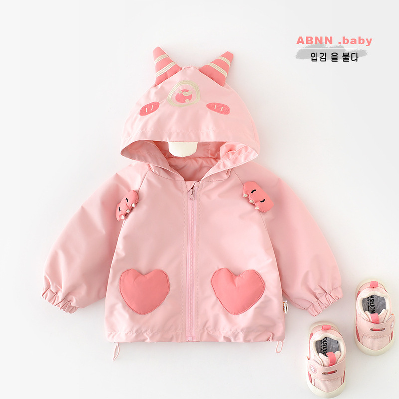 Spring Korean Style Baby Girl Heart Patch Kidsren's Baby Outwear Girl Hooded Outer Long-Sleeved Jacket 51075