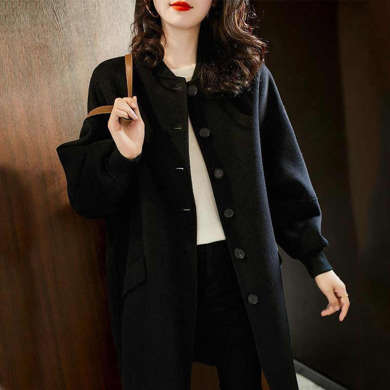 Black Woolen Coat Women's 2023 Autumn and Winter New Western Style Mid-length Slim-fit Slimming Casual All-match Woolen Coat