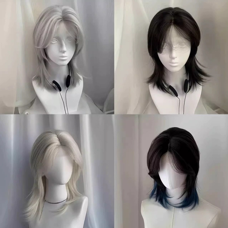 Wig forehead lace silver gray middle wolf tail short curly hair high level unisex cos wig full head cover