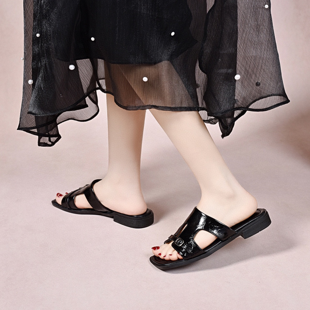 Dép sandal nữ da thật đế bệt xỏ ngón mũi hở phong cách hè — đen chi tiết 8