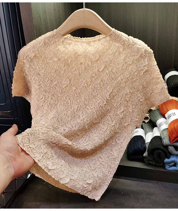 Áo thun ngắn tay nữ cổ tròn xếp li dập nổi kim cương, chất liệu cotton phối polyester, form suông thoải mái, phù hợp đi làm và dạo phố mùa hè — Màu hồng, Màu xanh lá, Màu mơ chi tiết 14