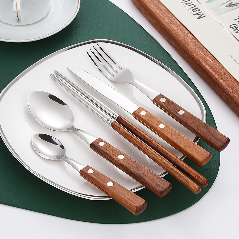 Transfronterizo Amazon 304 flores de madera de pera cubiertos de acero inoxidable mango de madera sólida cuchillo y tenedor cuchara set hotel hogar cuchillo y tenedor