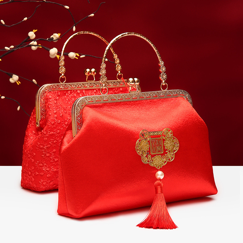Boda bolso de suministros de la novia boda bolsa roja bolsa de regalo nupcial dote bordado bolsa de cosméticos