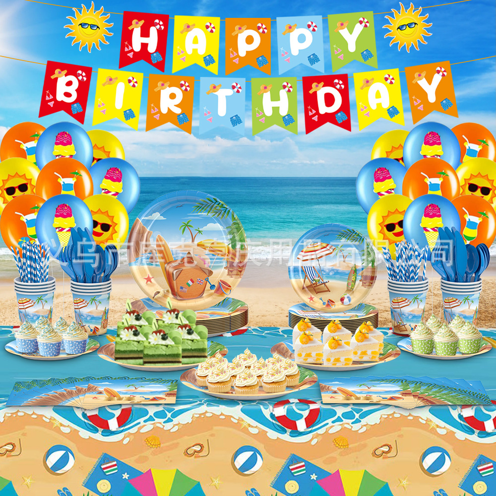 Nuevo Tema de vacaciones de playa bandeja de papel desechable taza de papel toalla vajilla traje de verano fiesta decoración suministros