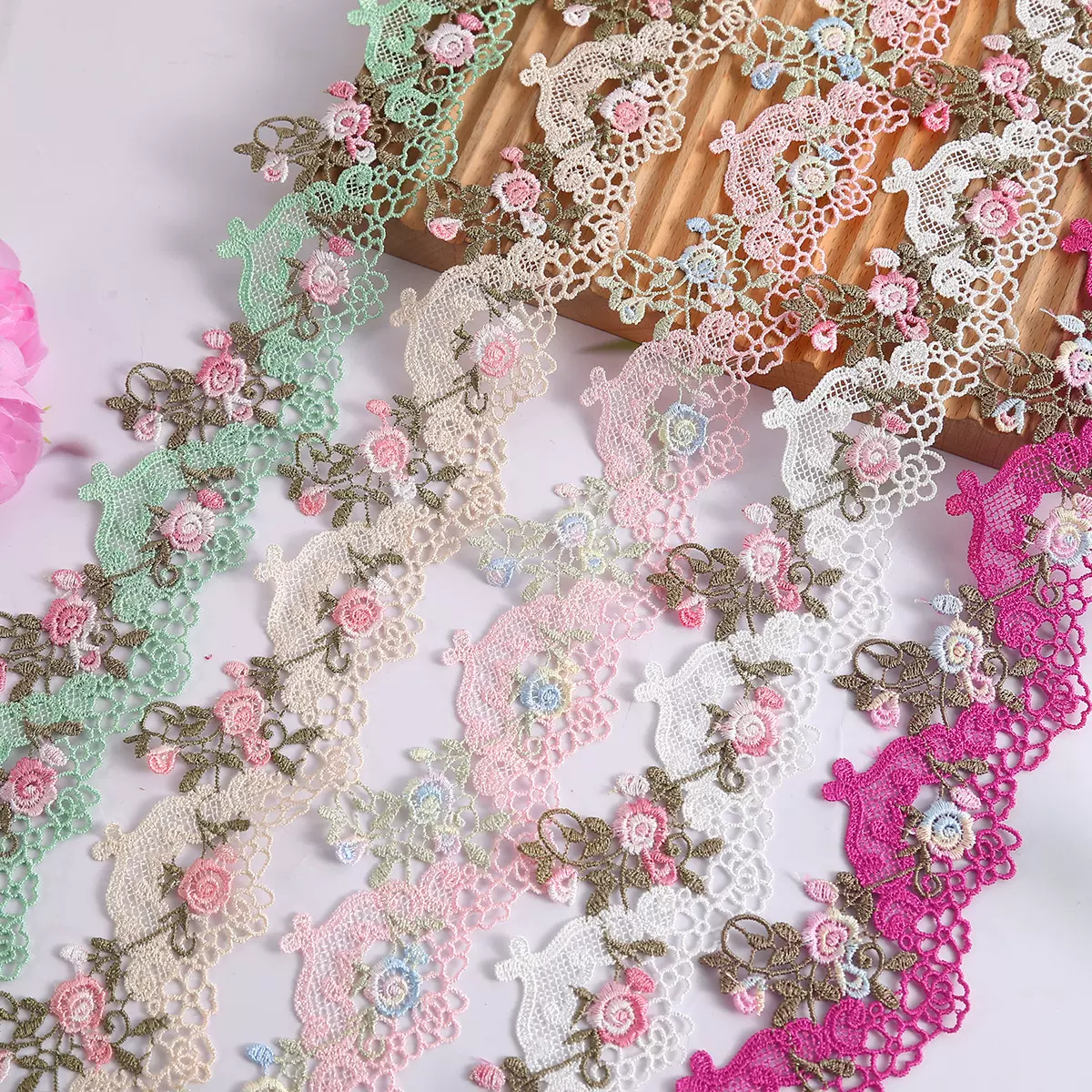 6CM水溶花边刺绣蕾丝花边彩色多色涤纶丝服装辅料家纺布艺饰品配