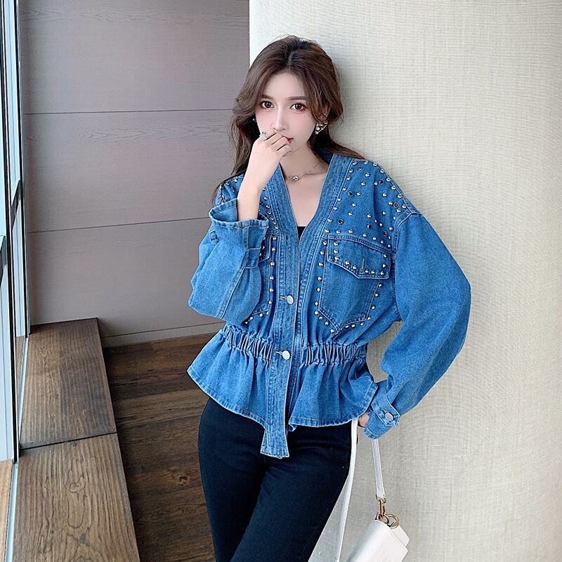 European-Style Rhinestone-Embellished Denim Jacket for Women, Autumn 2026 New Design, Heavy Beading, Loose Fit, Slimming Long-Sleeve Top