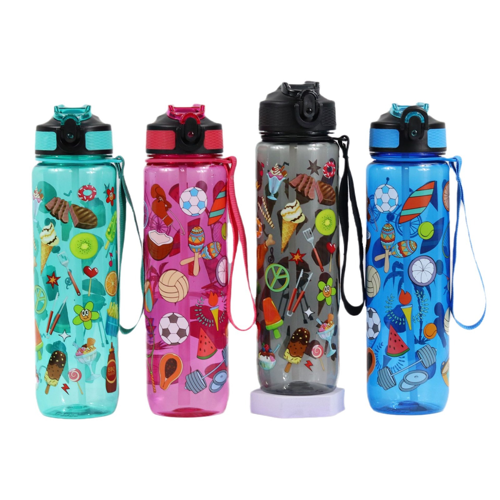 Taza de plástico transparente, 1000ml, tapa de rebote, con escala y pajita, deporte outdoor