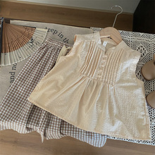 清仓不退不换【理性下单】夏季女童无袖背心上衣+格子阔腿裤