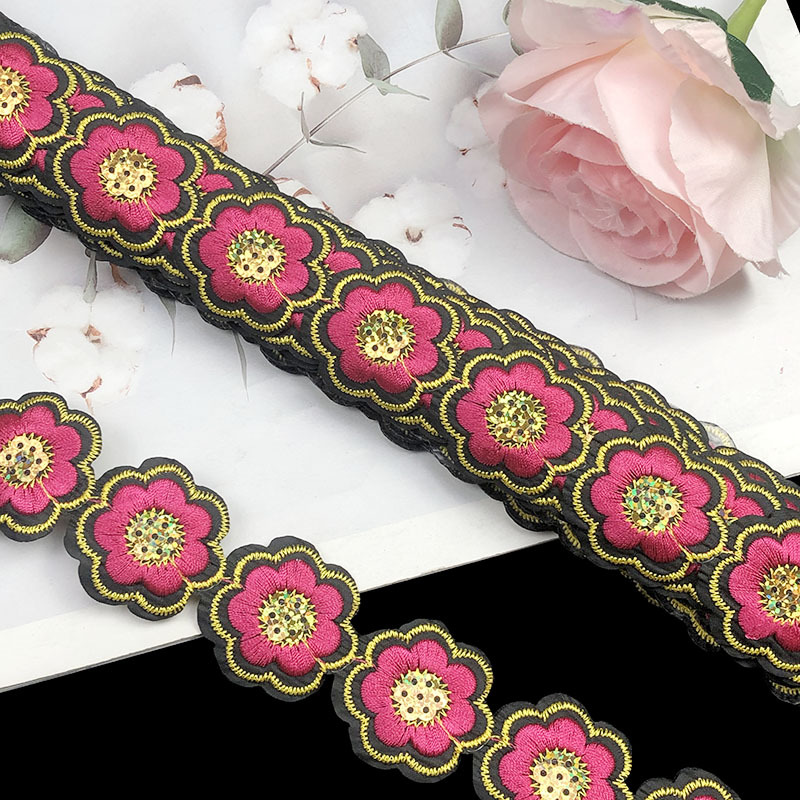 Encaje Bordado con Lentejuelas de Flor de 3.5 cm, Poliéster, Termoadhesivo, para Ropa