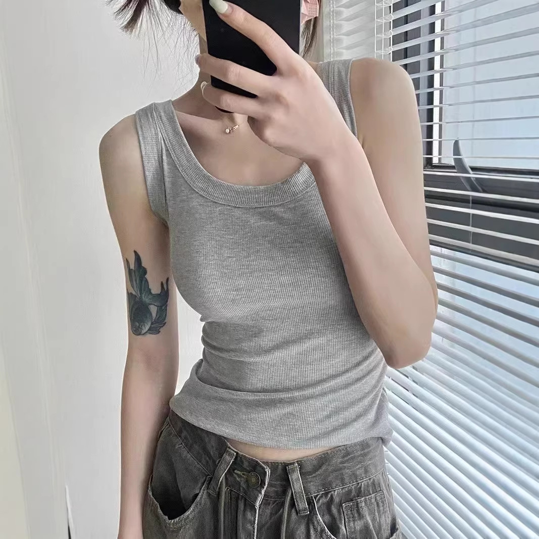 Hot Girl Sexy Pure Desire Style Camisole for Women Without Breast Pads, Gray Inner Wear and Outer Wear, Slim Fit Base Layer, Beautiful Back Top for Women