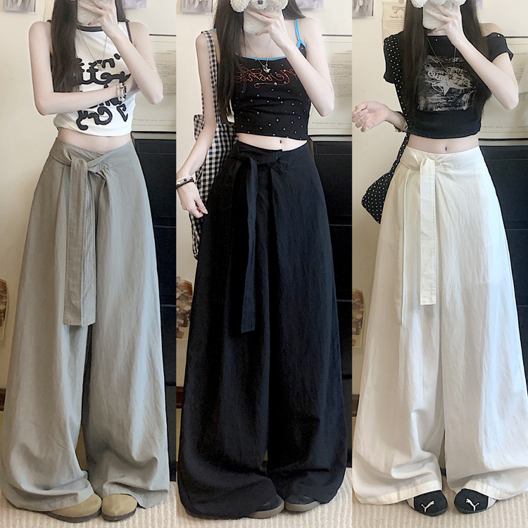 Lace-Up Wide-Leg Pants for Women, Early Autumn New Style, High-Waisted, Drapey, Loose, Slimming, Casual Pants, Versatile Floor-Length Pants