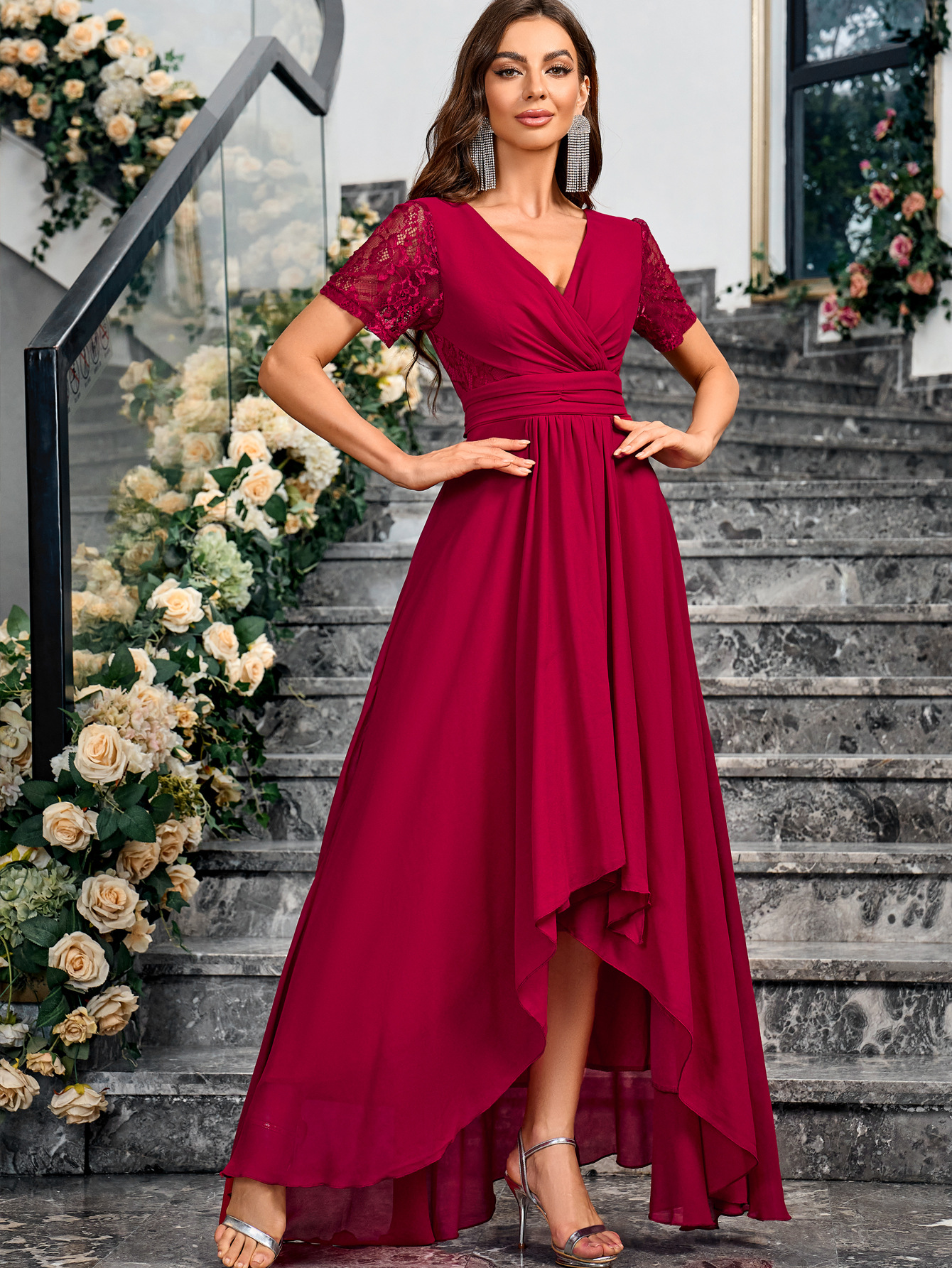 Nuevo estilo de comercio exterior europeo y americano burdeos vestido de novia temperamento elegante vestido de mujer vestido de noche transfronterizo