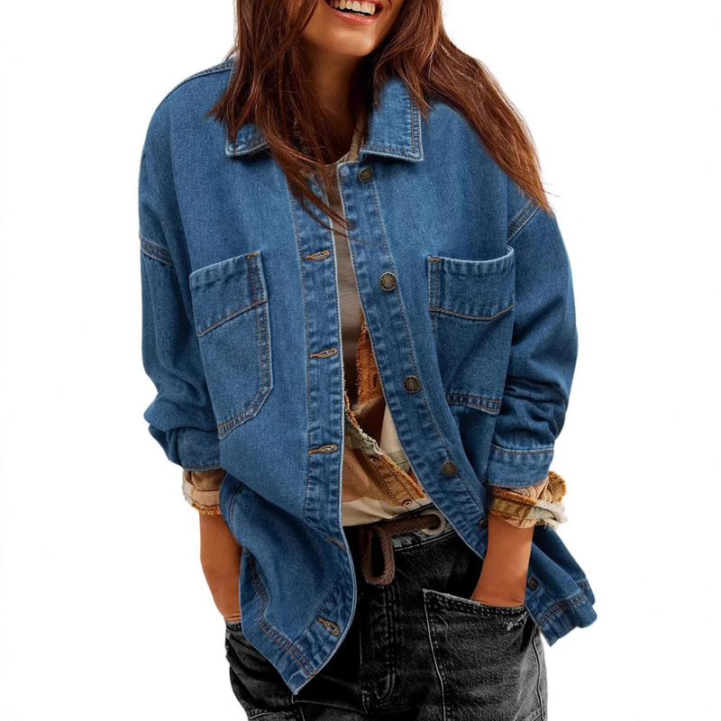 Cross-border Amazon TEMU European and American Women's Denim Jacket Oversized Boyfriend Button Long Sleeve Split Denim Jacket