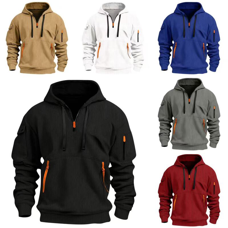 2025 Cross-border New European and American Men's Hooded Sports Casual Jacket Zipper Patch Bag Semi-cardigan Trendy Men's Sweater