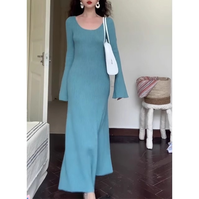 (2개) 프랑스 스타일 우아한 유행 긴 니트 원피스 여성의 가을과 겨울 하이 엔드 슈퍼 모양의 스웨터베이스 스커트