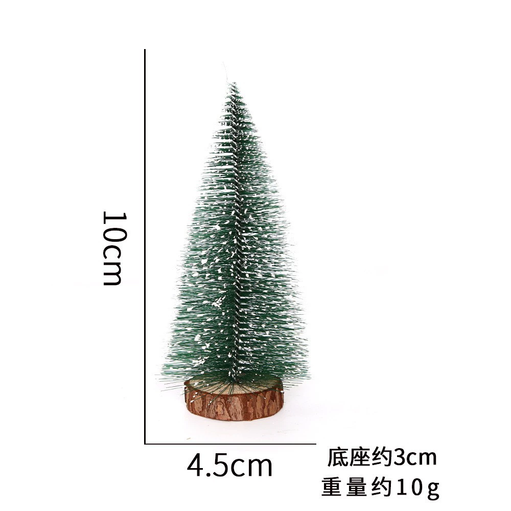 Mini tabletop Christmas tree, snow‑dipped tips, natural wood base, heights 10–40 cm