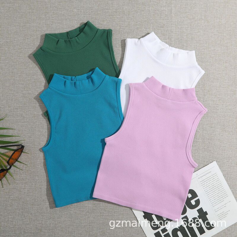 Hot European and American new style inner stretch body shaping turtleneck bottoming shirt can be worn outside solid color rib texture sleeveless top